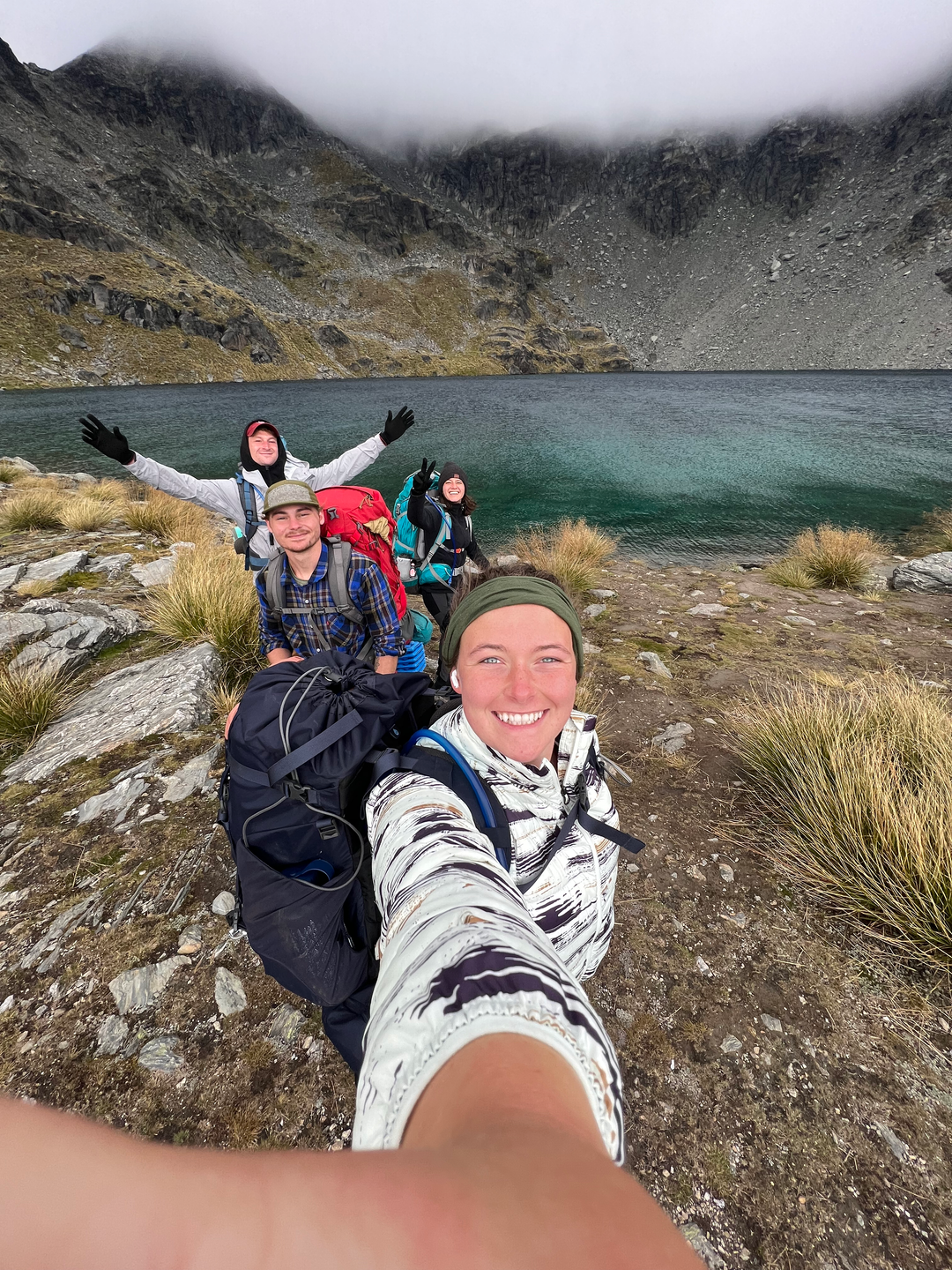 Hiking group selfie at Lake Alta New Zealand