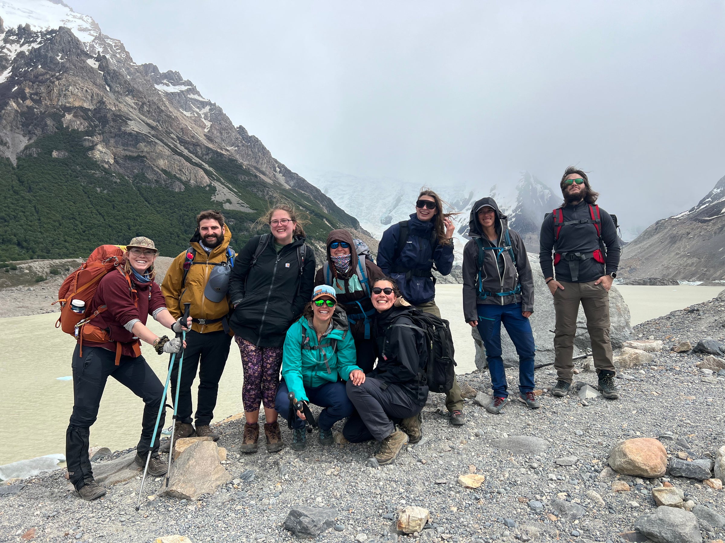 Group standing in front of a glacier in Patagonia