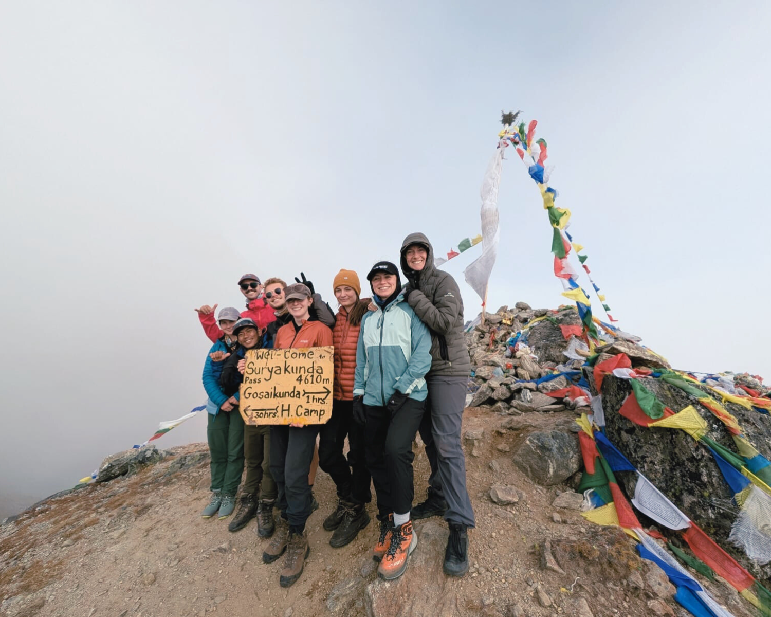 Group hiking in Nepal summiting Suryakunda Pass