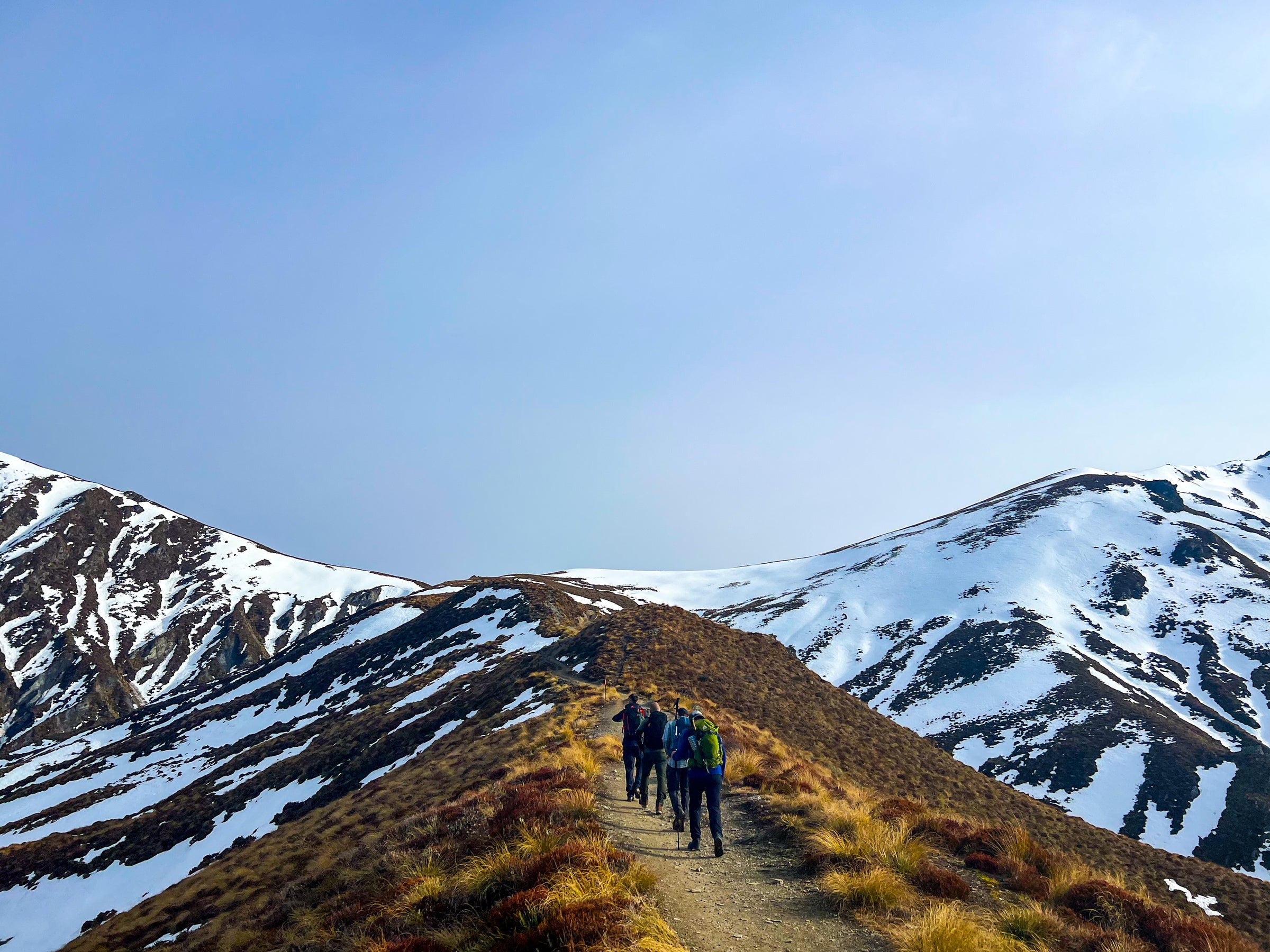 Group hiking amongst a snowy ridge line towards Ben Lomond in Queenstown